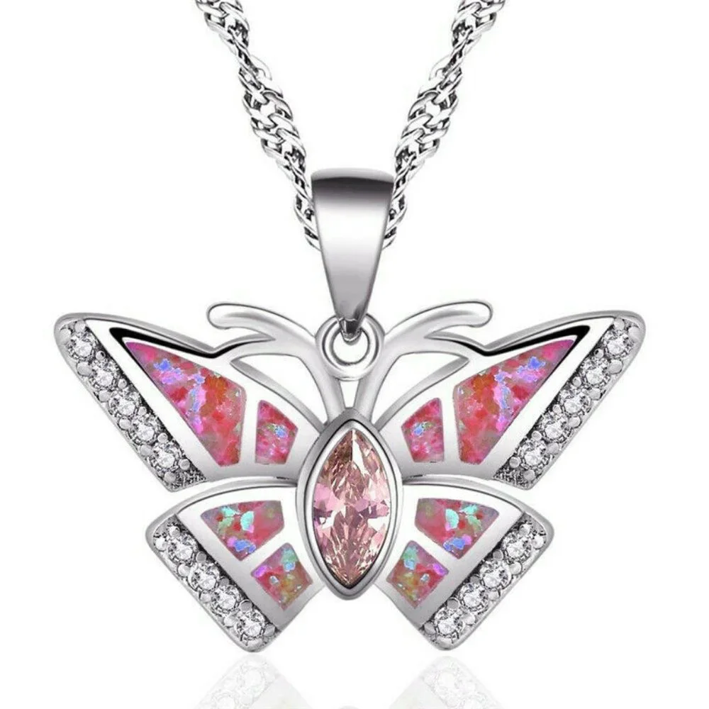 SALE ** Fire Pink Opalite Butterfly Necklace With Pink Topaz Inlay